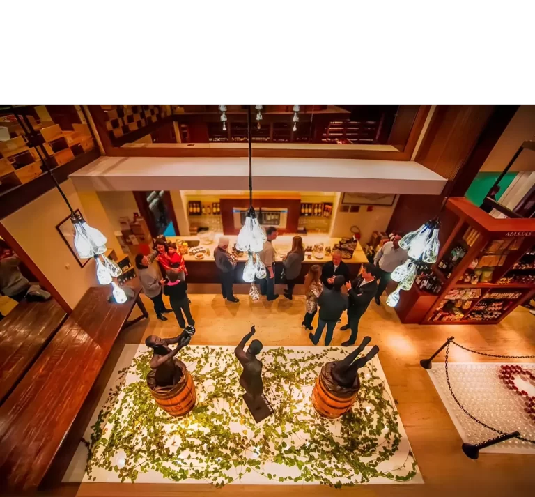 "A stage that awakens the senses for a memorable experience, with art and design interventions 
by Elisabeth Abduch for Enoteca Fasano World Wine, for the launch of special French wine labels. 
The interventions range from products created with glass bottles from the wines being launched,  
transformed by the architect and designer into decorative chandeliers reminiscent of the iconic French chandelier, 
punctuating and illuminating human-scale conceptual sculptures that emerge from oak barrels, to a long, 
gleaming carpet made of crystal glasses, symmetrically positioned in a structure of lines and columns. Sometimes filled 
with water, sometimes with red wine, with exactly the same quantity, the glasses form a three-dimensional covering that gradually 
carves out a large bright red heart in the center. A true reverence to the gods of wine and love..."