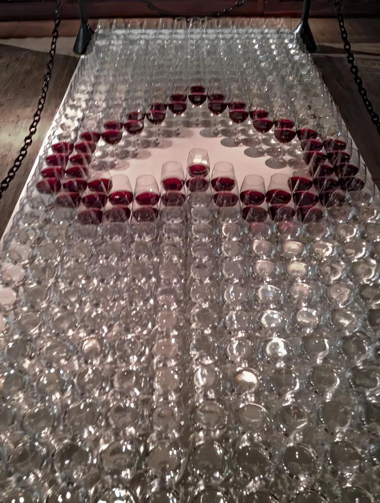 3D carpet by Elisabeth Abduch for Enoteca Fasano World Wine, 
for the launch of a French wine labels in Brazil. Filled with water and red wine
in exactly the same quantities, the glasses form rows and columns and, 
by their absence, carve out a bright red heart in the center.