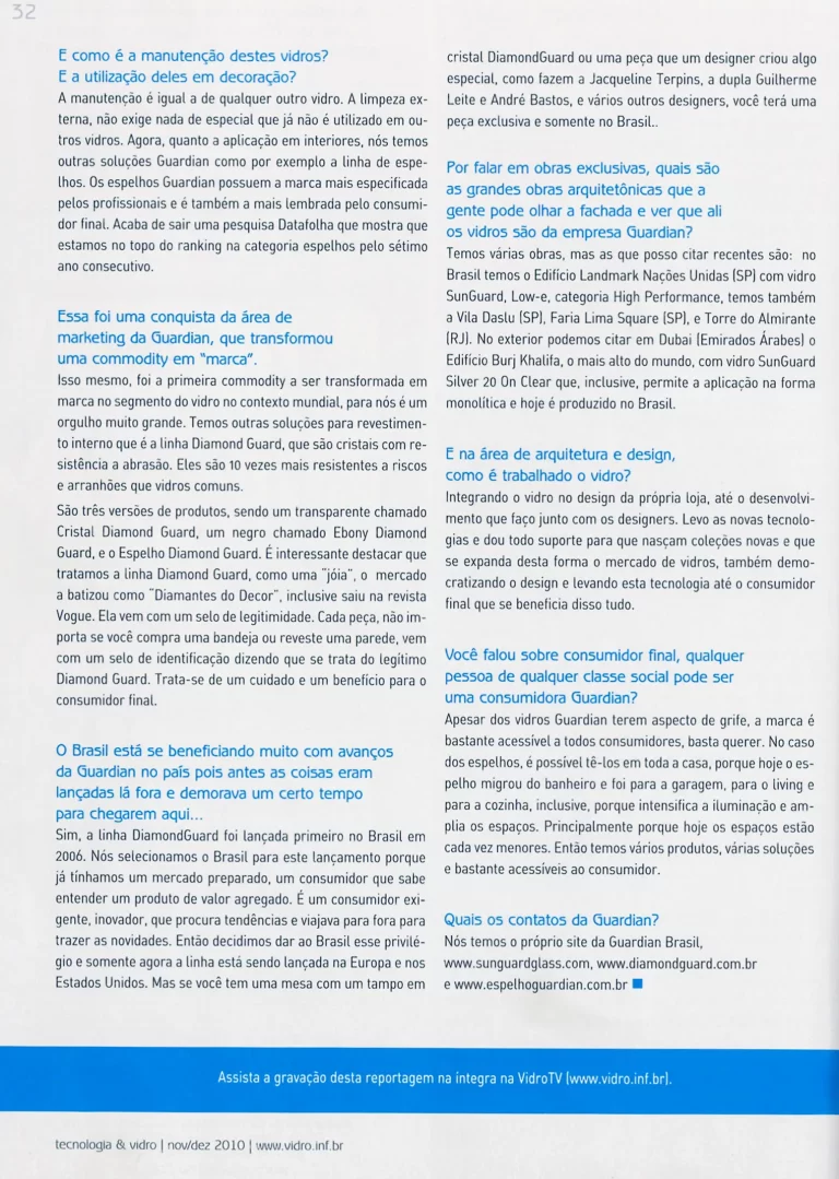 MIDIA SELECIONADA - Rev. Tec&Vidro - edição 66 - nov e dez 2010 (pag 32) - Matéria Elizabeth Abduch e o Vidro
